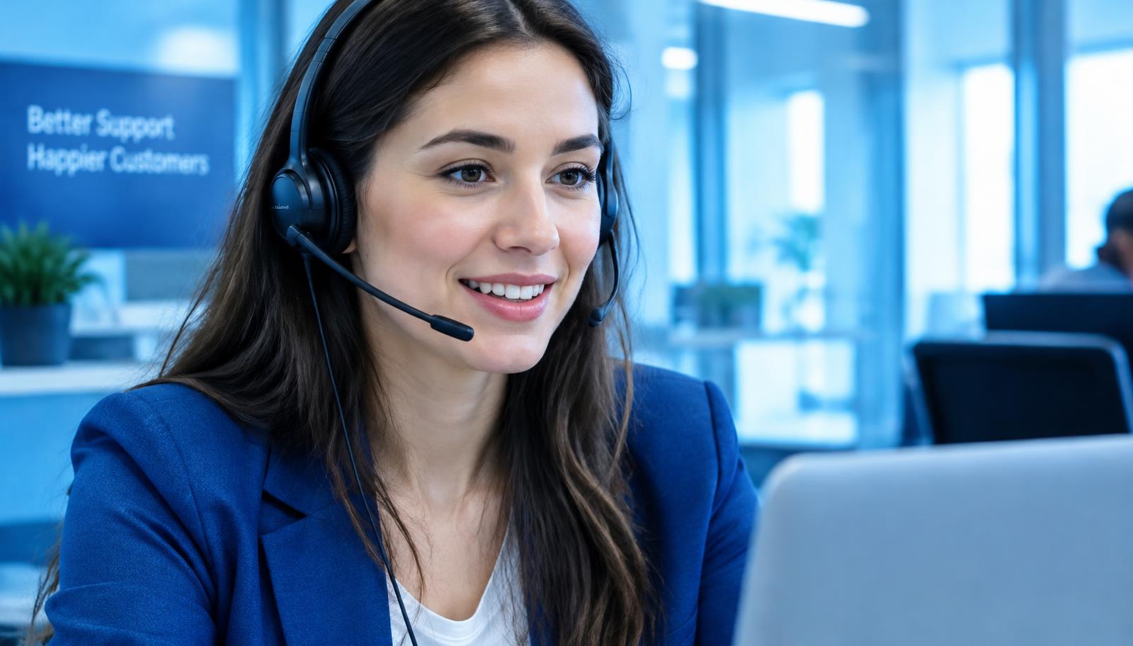 Friendly customer support agent helping a caller